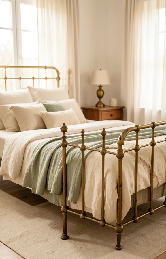 layered linen bedding in cream and sage, wooden nightstand with brass lamp