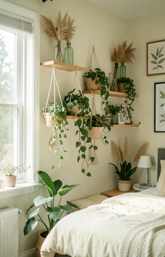 Bedroom wall with climbing potted plants, hanging planters