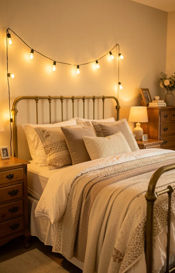 Bedroom with warm Edison bulb string lights draped above headboard