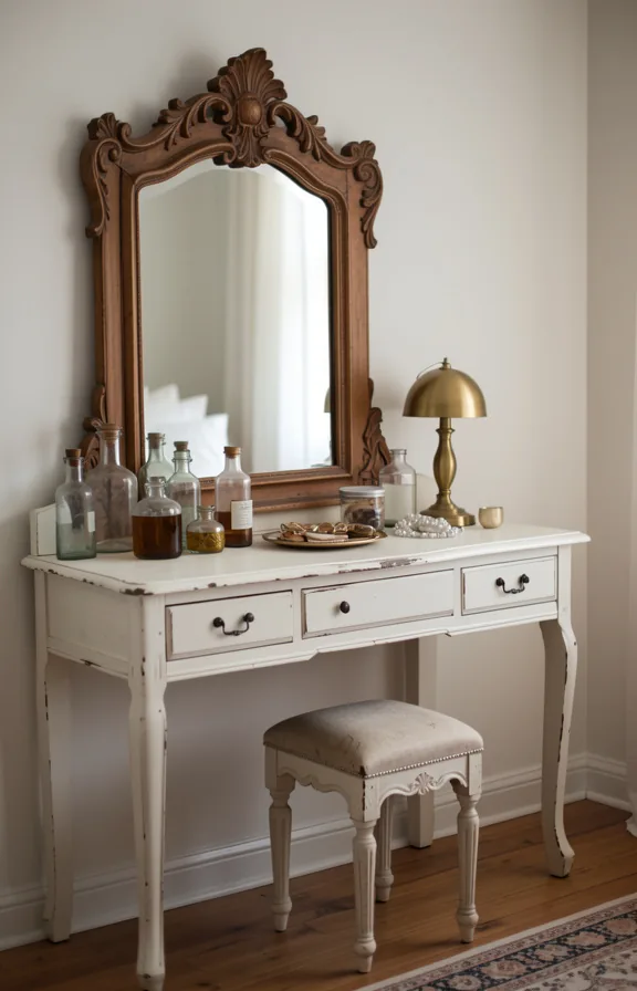Full bedroom with refurbished thrifted vanity mirror, ornate wooden frame