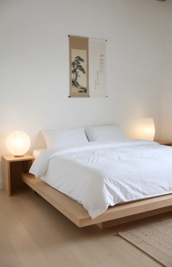 Minimalist Japanese-inspired bedroom with low platform bed on light wood floor
