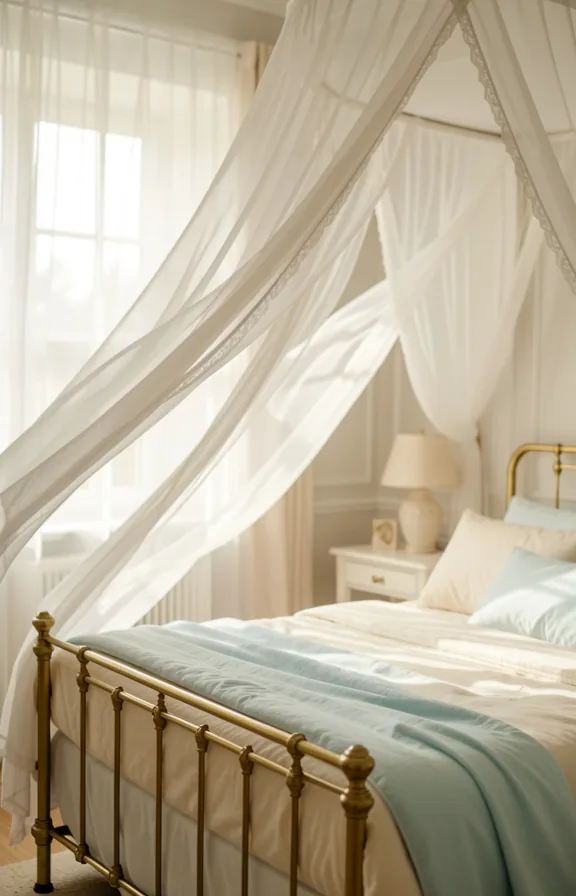 Romantic bedroom with sheer white curtains billowing from window