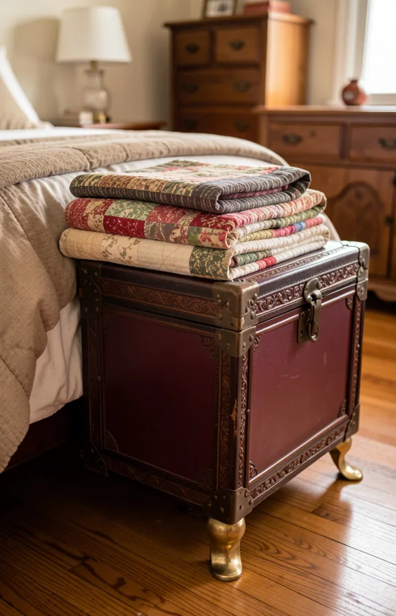 Bedroom end of bed featuring ornate vintage trunk in burgundy leather