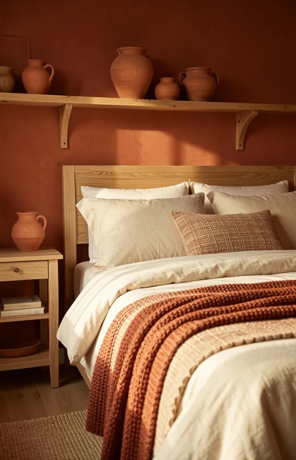 Bedroom with warm terracotta accent wall behind bed