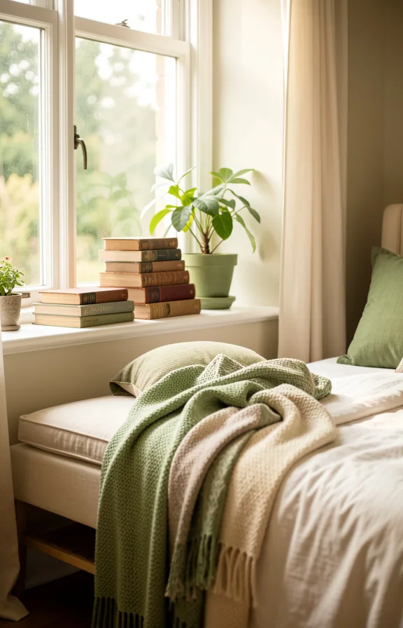 Sunlit bedroom window with cushioned seat, layered throws