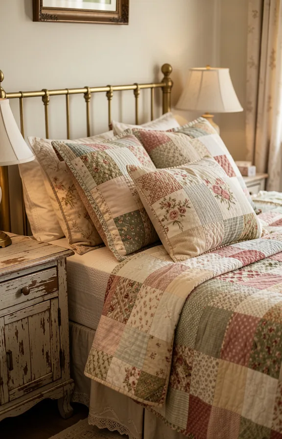 Vintage bedroom with quilted bedcover in patchwork pattern