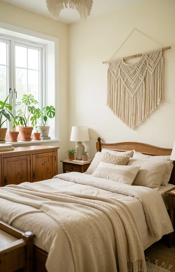 Full bedroom view featuring cream walls with large macramé wall hanging above bed