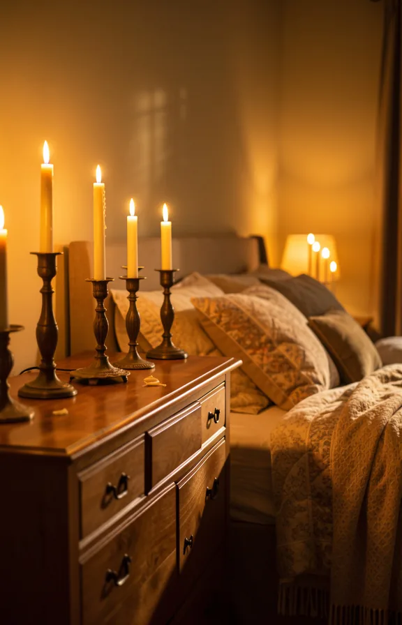 Bedroom with multiple candles on dresser, vintage candlestick holders