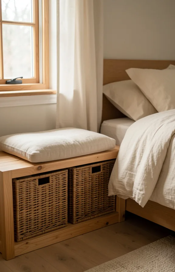 Bedroom featuring wicker baskets under window for storage
