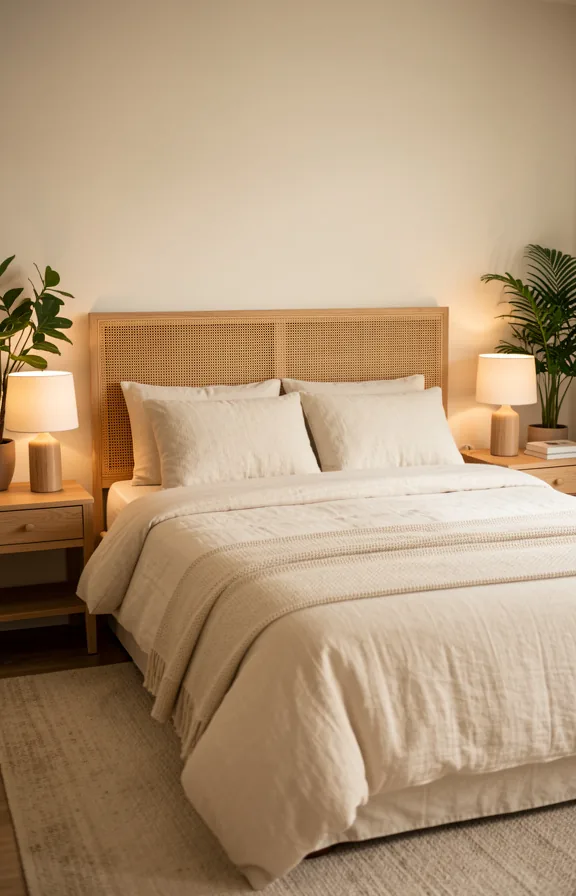 Bedroom with natural rattan woven headboard, cream linen bedding