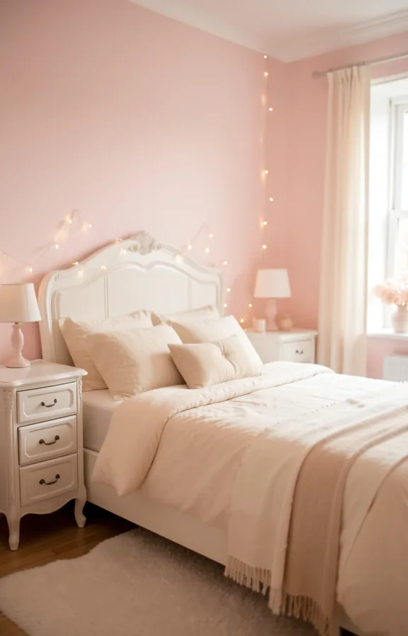 Soft pastel bedroom with pale pink walls, vintage white furniture