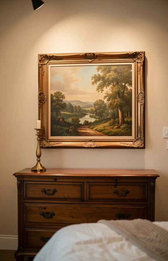 Bedroom wall featuring vintage landscape painting in ornate frame