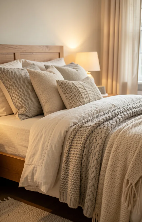 Cosy hygge bedroom with layered textures of wool blankets