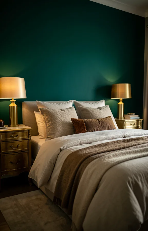 Bedroom interior with one deep jewel-tone emerald accent wall behind bed