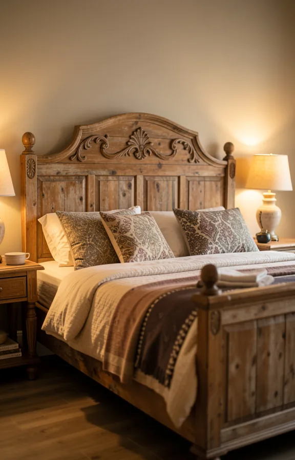 Full bedroom showcasing rustic wooden headboard with carved details