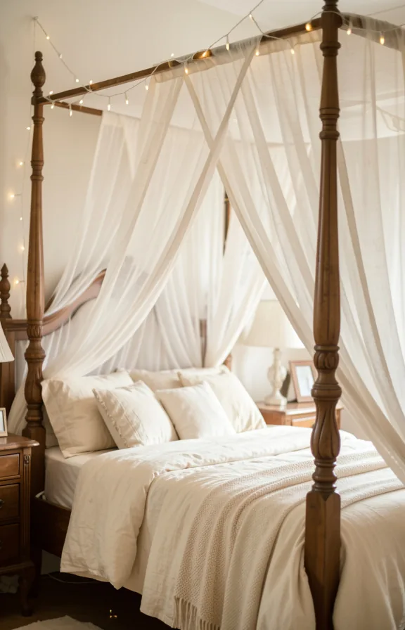 Bedroom with sheer linen canopy draped over bed frame