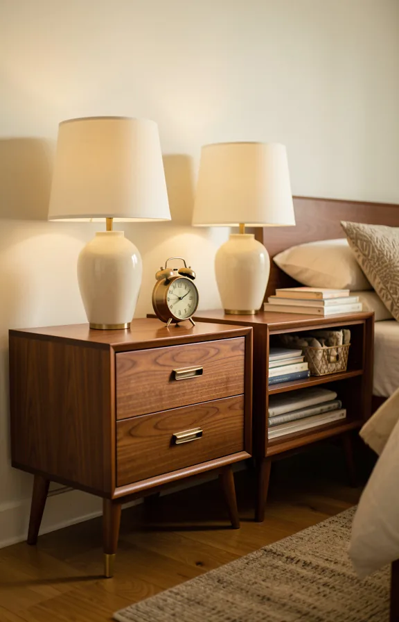 Mid-century modern bedroom with walnut nightstands featuring tapered legs