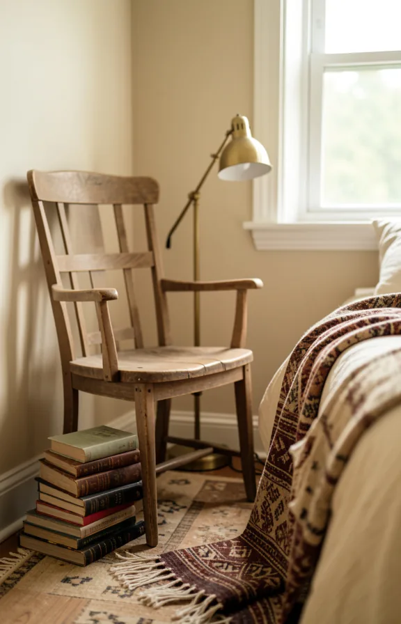 Cosy bedroom corner with thrifted wooden chair, stacked vintage books on floor