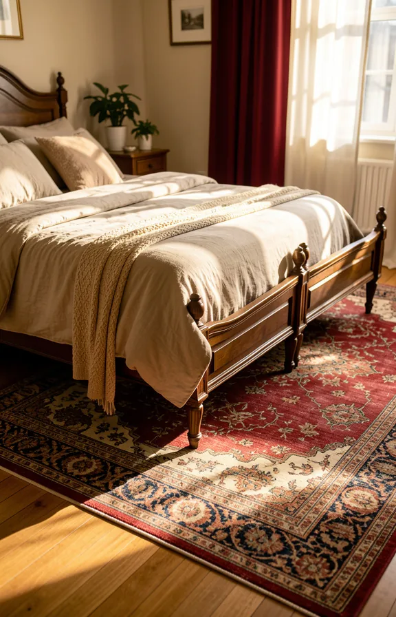 Bedroom with layered area rug in faded Persian pattern over wooden floor