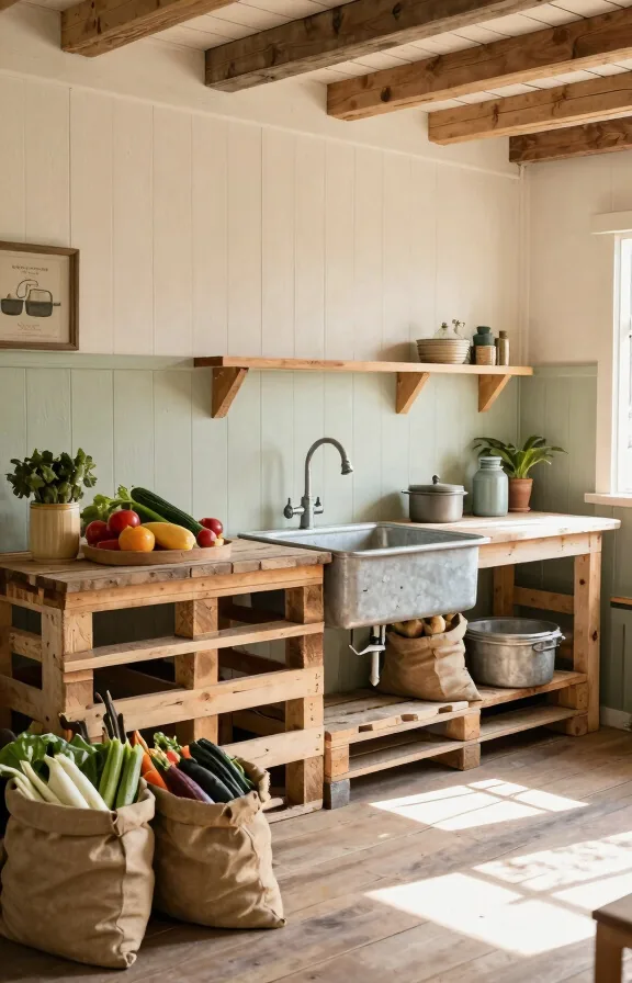 natural wood counter, galvanized metal sink basin, burlap sacks of pretend vegetables stacked nearby