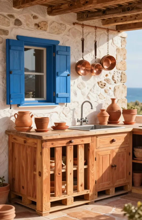 Angled view of Mediterranean terracotta pallet kitchen with warm clay-toned painted wood