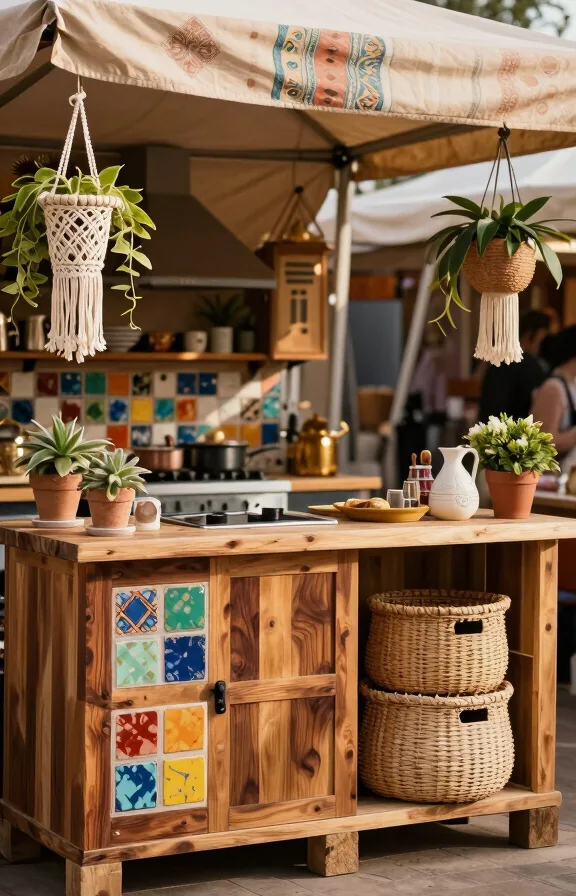 Front-facing bohemian market pallet kitchen with richly stained wood