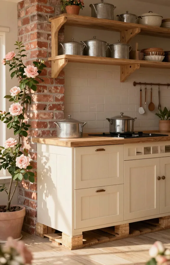 Side angle of cottage core brick-backed pallet kitchen with cream painted pallets