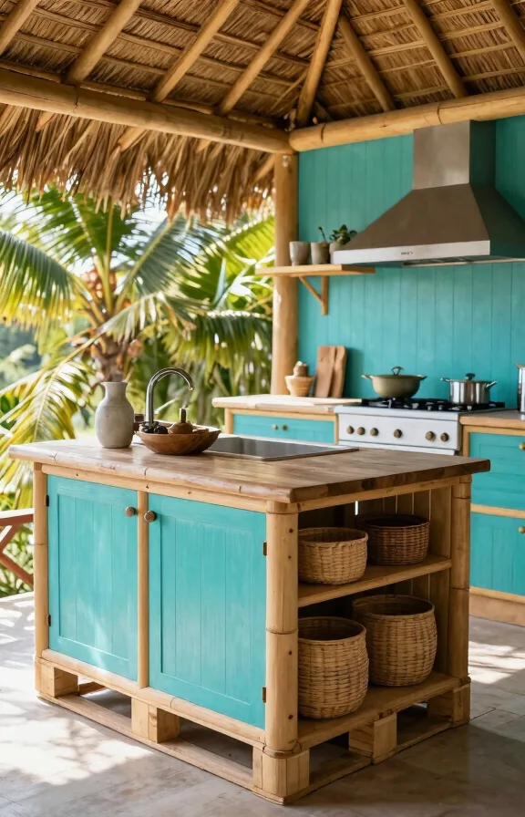 thatch roof accent, bright turquoise painted panels, palm plant backdrop