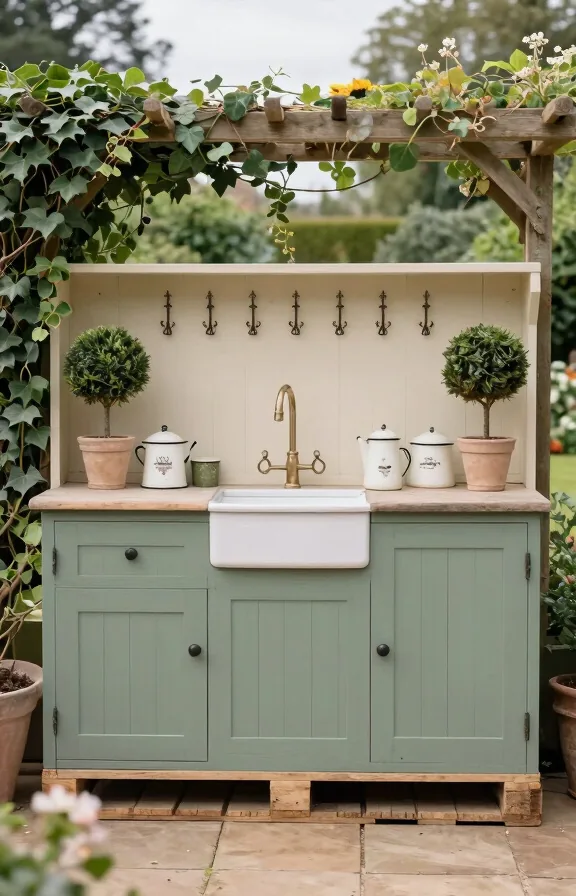 Front perspective of English country estate pallet kitchen with sage green painted pallets