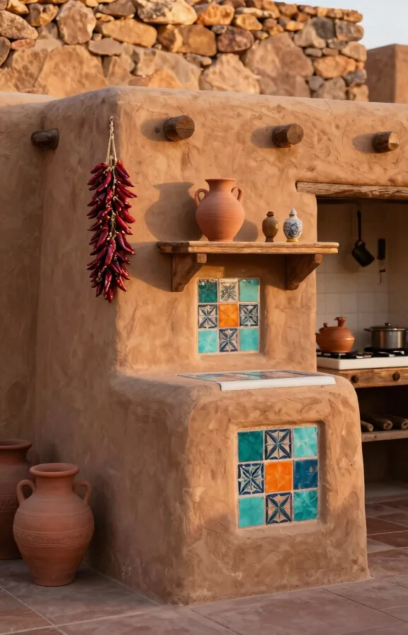 Three-quarter angle of Southwestern adobe compound pallet kitchen with rustic stucco finish