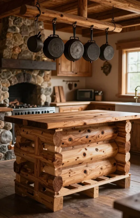 Angled view of log cabin pallet kitchenette with stained natural logs