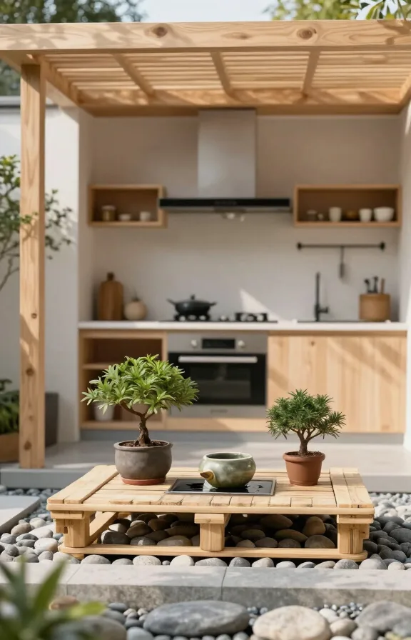 Front-on Zen garden pallet kitchen with pale natural wood frame