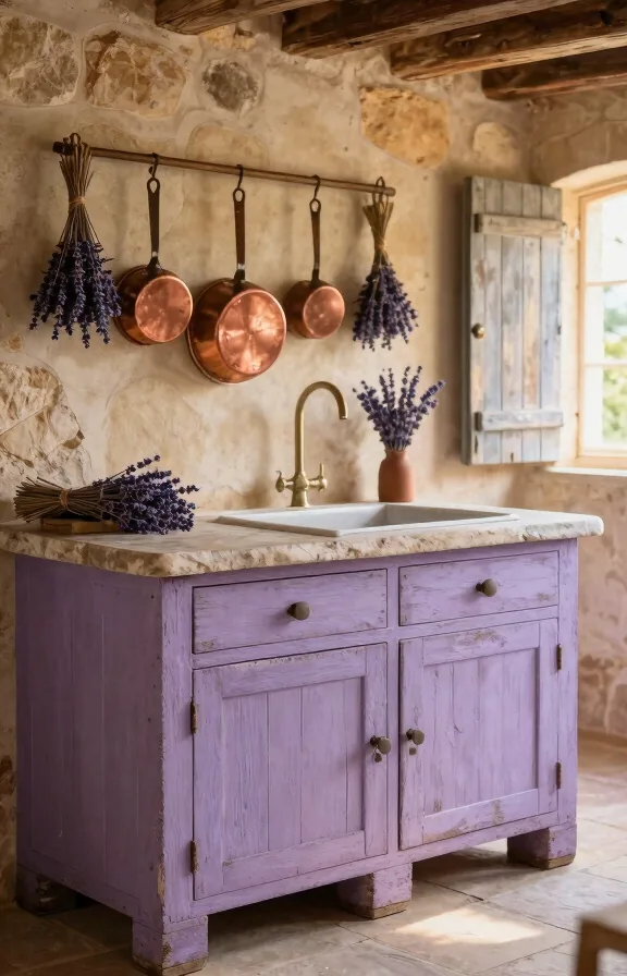 Three-quarter view of Provençal stone pallet kitchen with weathered lavender-painted pallets