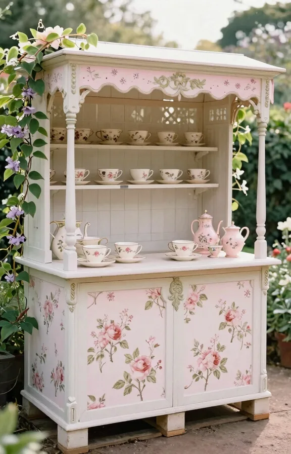 Side perspective of Victorian garden tea pallet station with ornate painted trim
