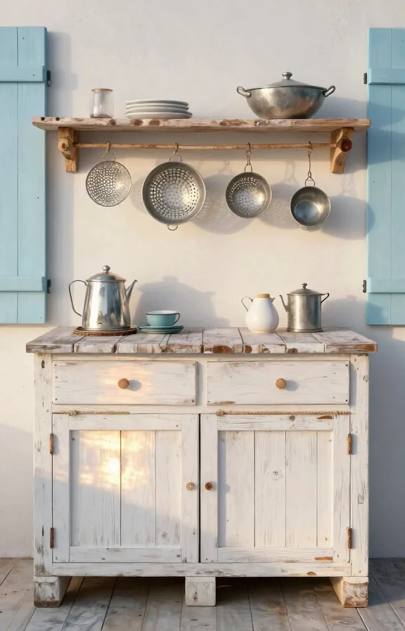 Front-facing view of coastal weathered pallet kitchen with whitewashed wood surfaces
