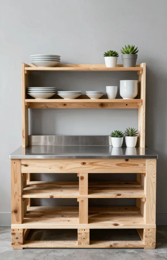 Straight-on perspective of clean-lined pallet mud kitchen with raw wood frame