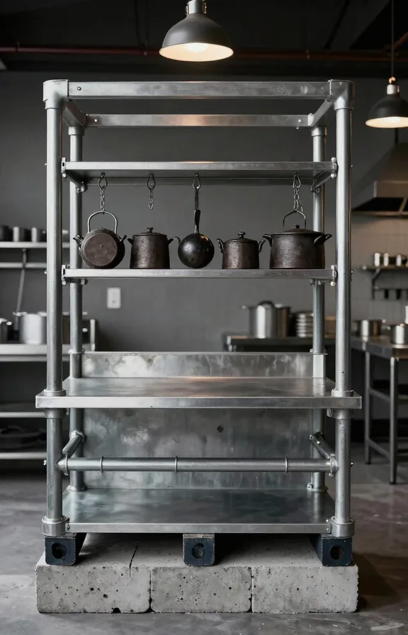 Frontal view of industrial pallet kitchen frame with exposed steel pipe plumbing