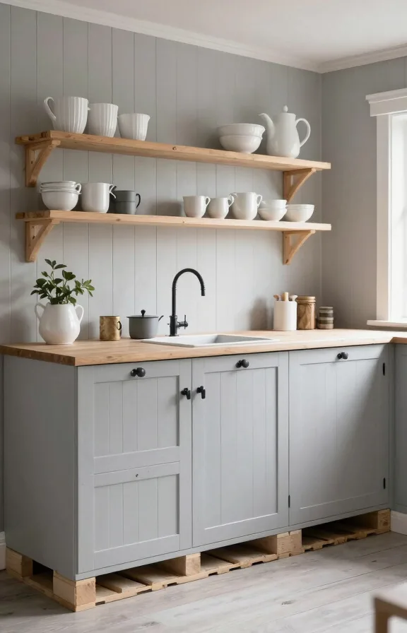 simple black metal hardware, open wooden shelves with white ceramic pieces