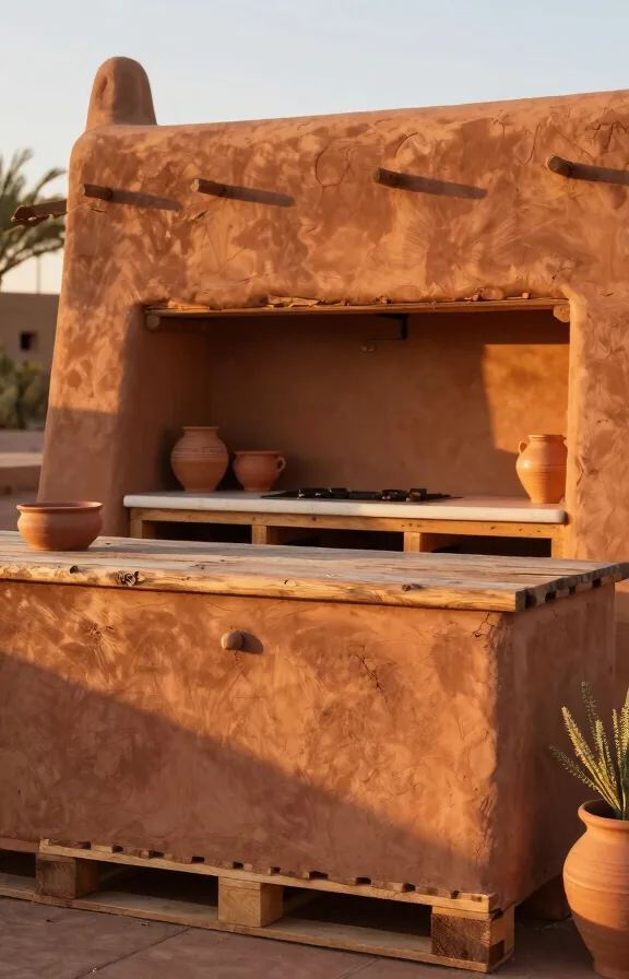 Front perspective of adobe-style pallet kitchen with terracotta-painted surfaces