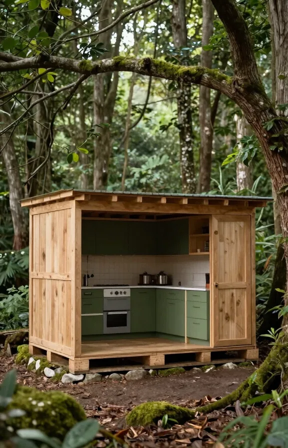 Three-quarter view of woodland pallet kitchen built beneath tall trees