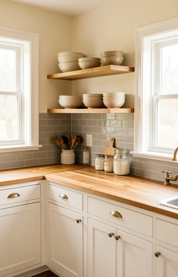 white shaker cabinets, butcher block countertop, vintage brass hardware