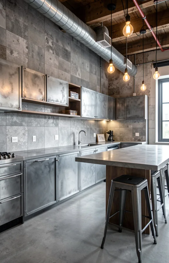 industrial steel cabinets, polished cement countertop, exposed ductwork