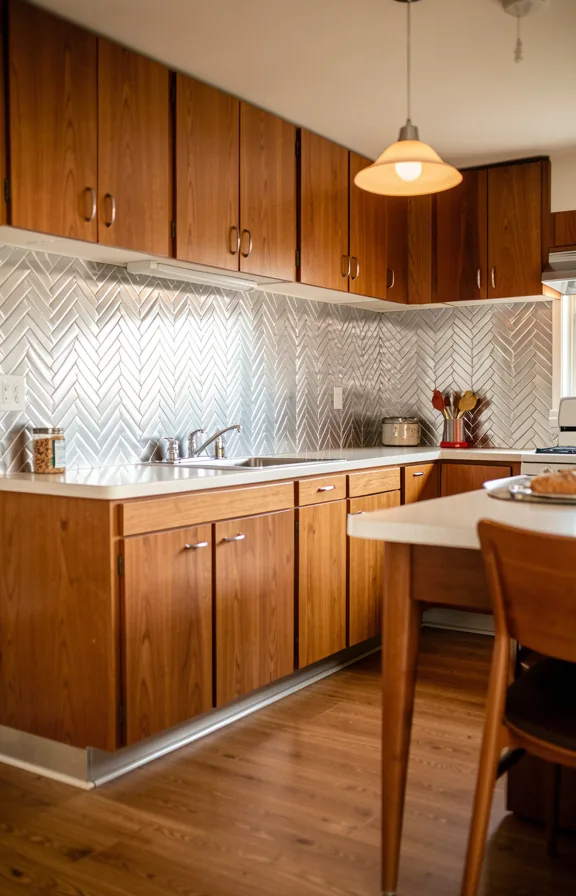walnut wood cabinets, pale Formica countertop, chrome fixtures