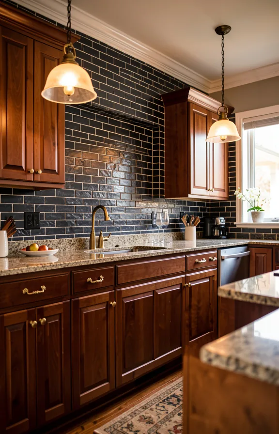 deep wood cabinetry, granite countertop, ornate brass hardware