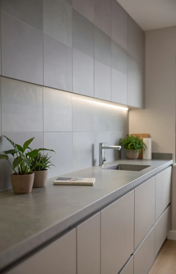 minimalist cabinets, stone countertop, simple chrome faucet, potted plants