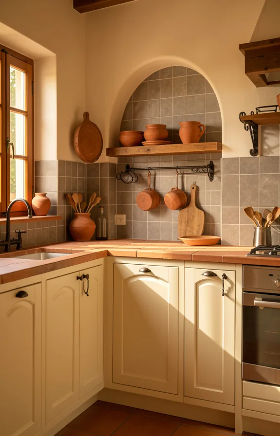 terracotta accents, cream arched cabinetry, clay pot accessories