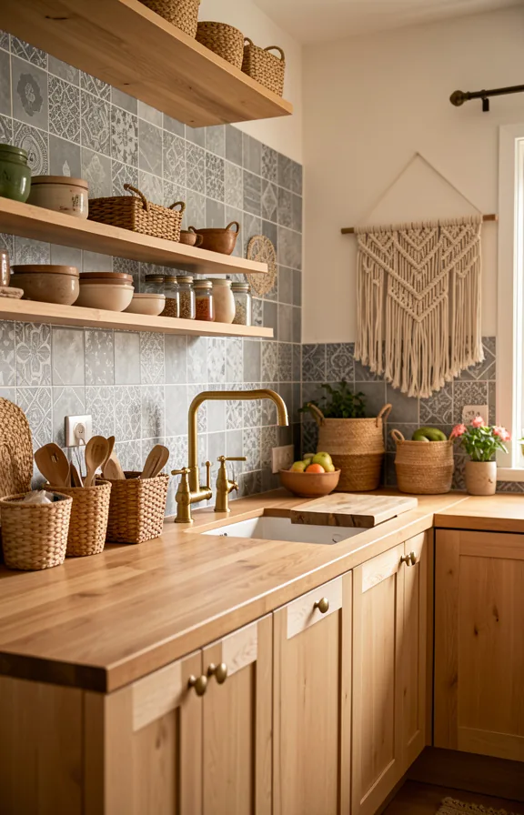 natural wood cabinets, wood countertop, brass fixtures, woven baskets