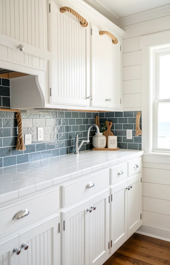 white beadboard cabinets, white subway countertop, chrome vintage hardware