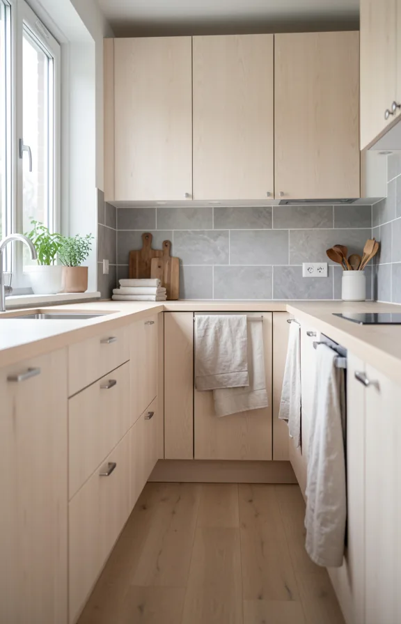 pale birch cabinets, pale wood countertop, minimalist chrome hardware