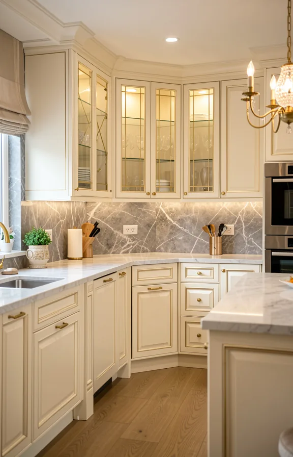 cream cabinetry with gold trim, brass hardware and light fixtures